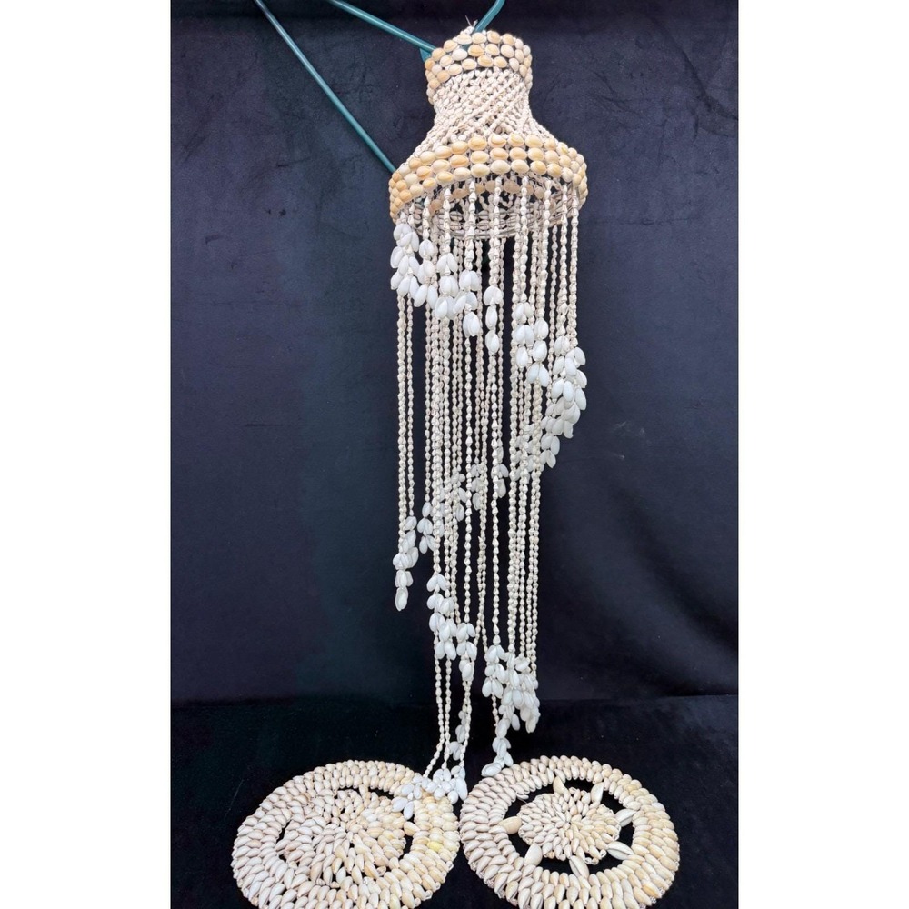 Vintage Boho Sea Shell Tiered Chandelier & 2 Seashell Doiles Trivets Beach House